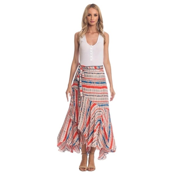 Tolani Boho Ruffle Tiered Asymmetrical Maxi Skirt Gray Orange Blue Size Large - Picture 4 of 16
